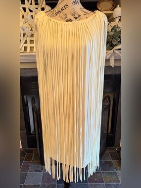 Cream Ivory Fringe Overlay Shift Dress Sleeveless Tassel Macrame Wedding NWT MED